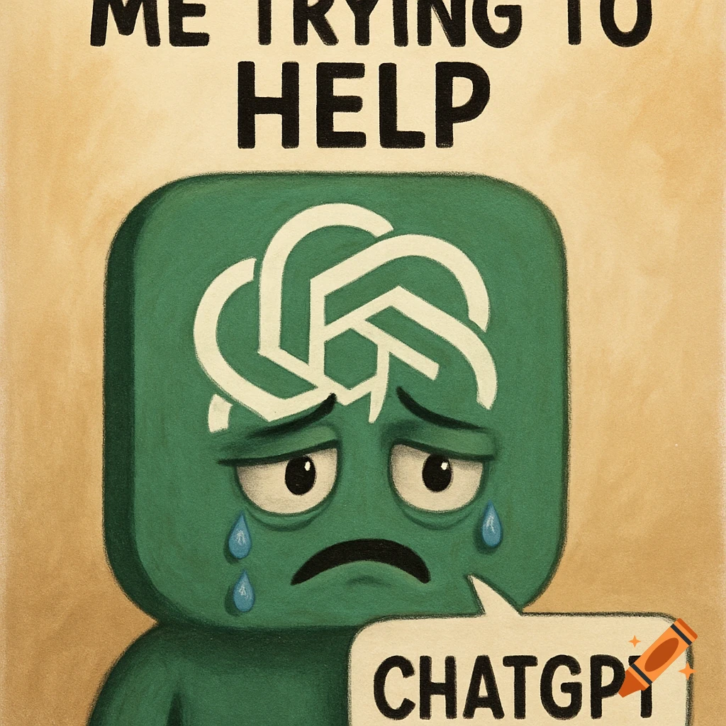 Stylized illustration of the green ChatGPT logo character with a sad face and tears, saying CHATGPT. Text above reads ME TRYING TO HELP.