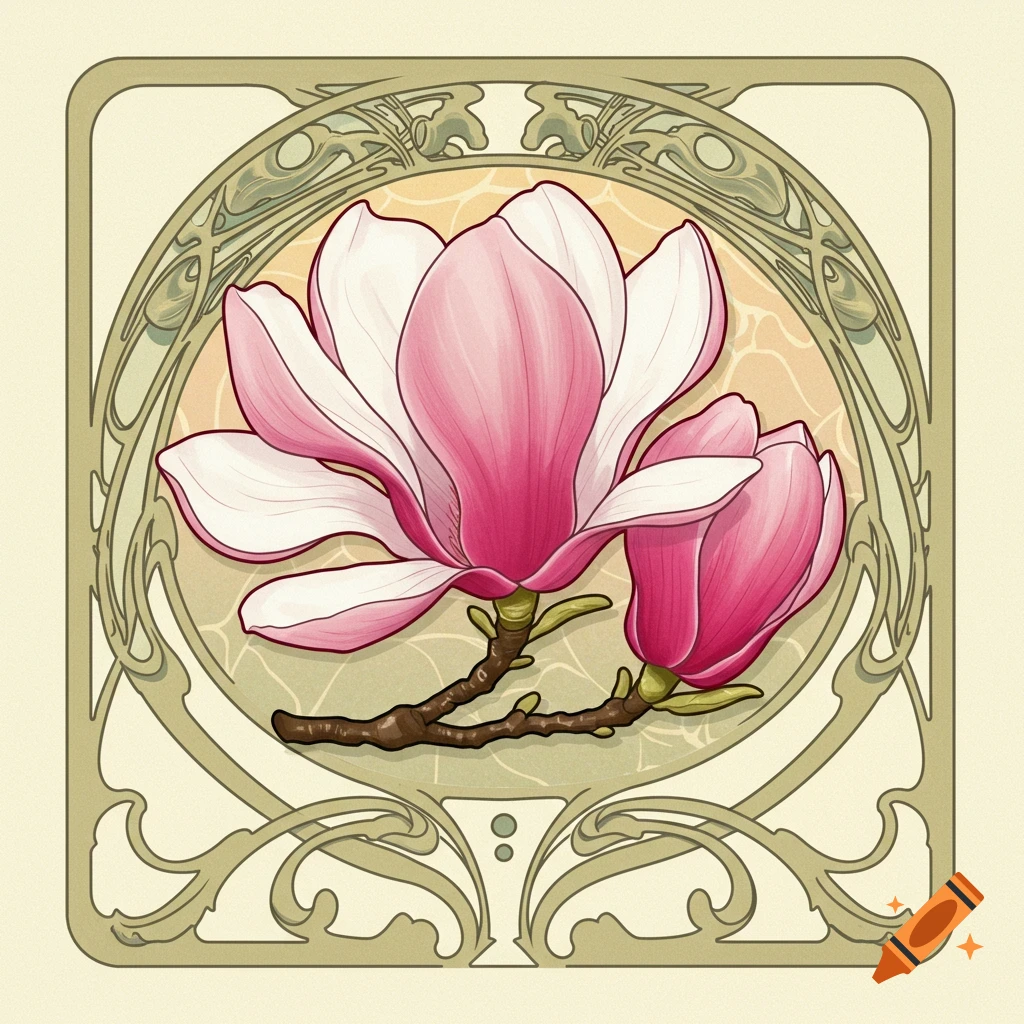 An illustration of a pink and white magnolia flower and bud within a decorative Art Nouveau frame.