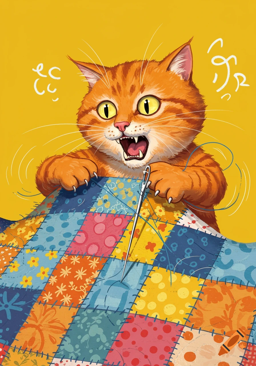 An orange cartoon cat with wide eyes frantically stitches a colorful patchwork quilt.