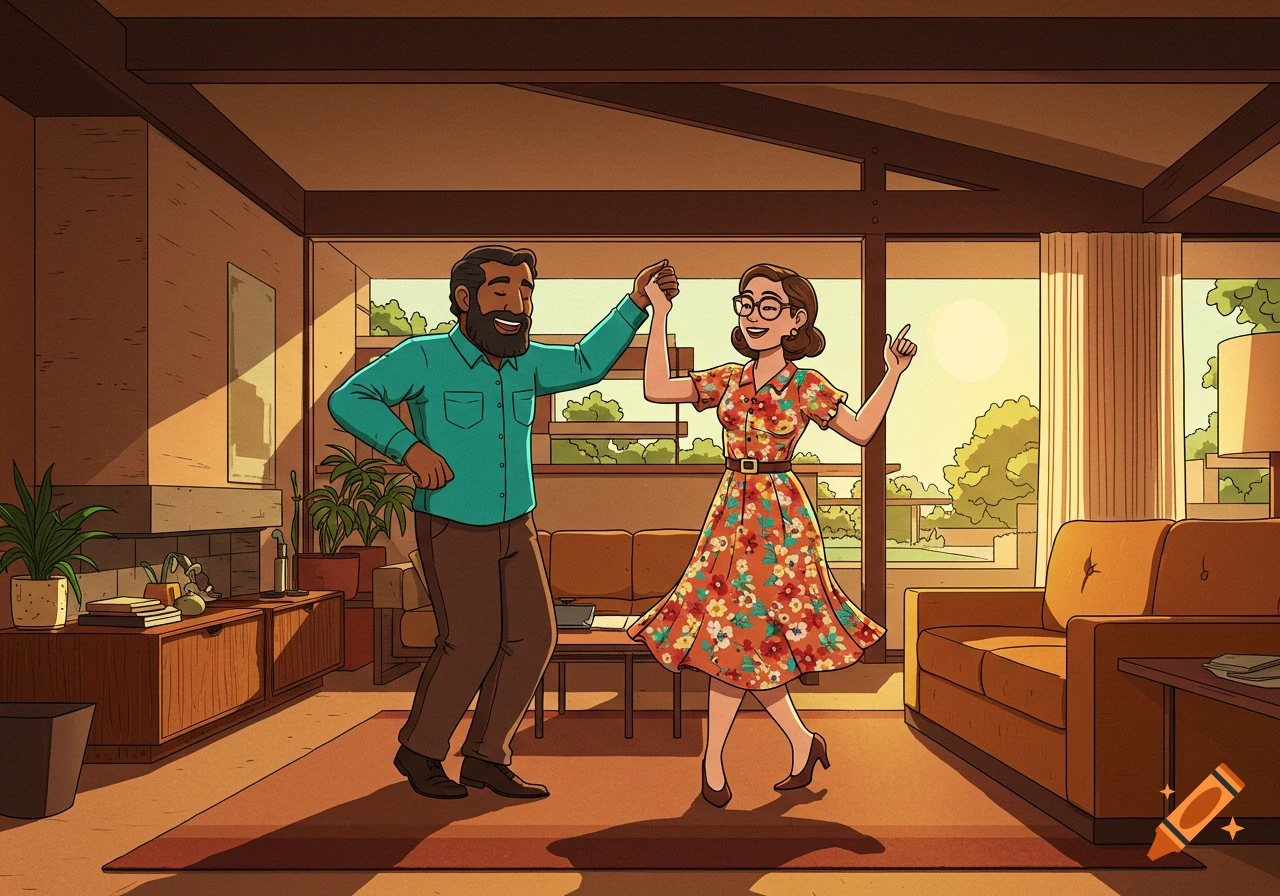 Cartoon of a man and woman dancing in a mid-century modern living room.