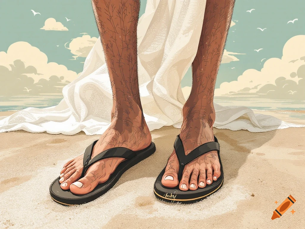 Pair of legs and feet in black flip-flops standing on a sandy beach with clouds and seagulls in the background.