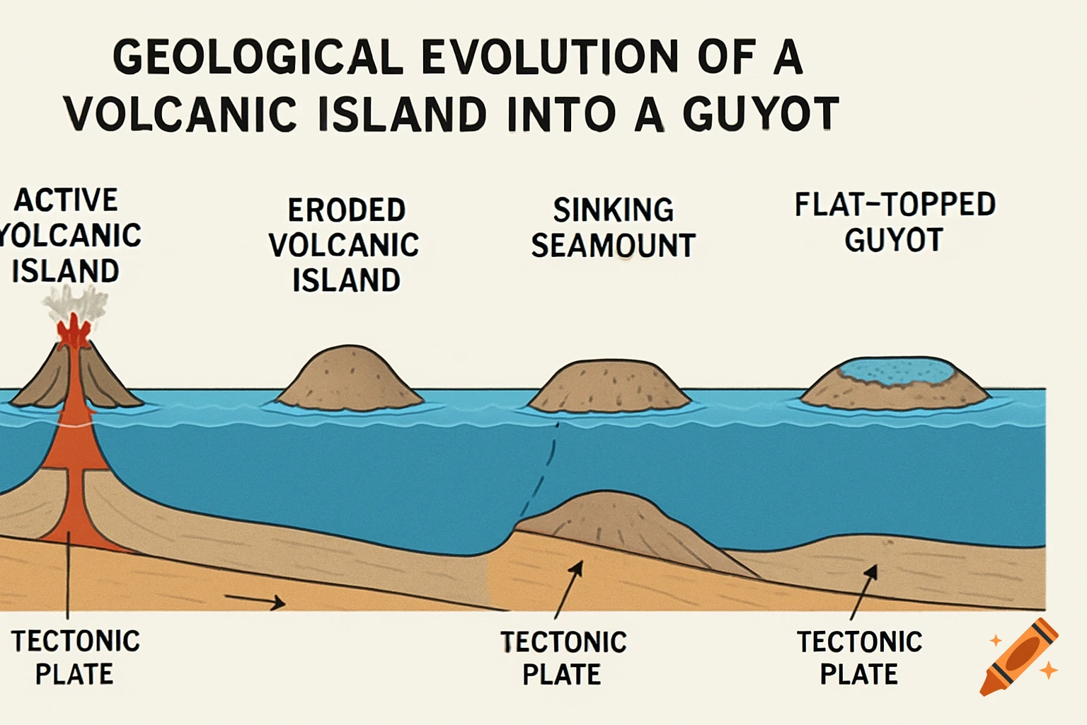 Diagram illustrating the geological evolution of a volcanic island into a flat-topped guyot underwater through four stages.