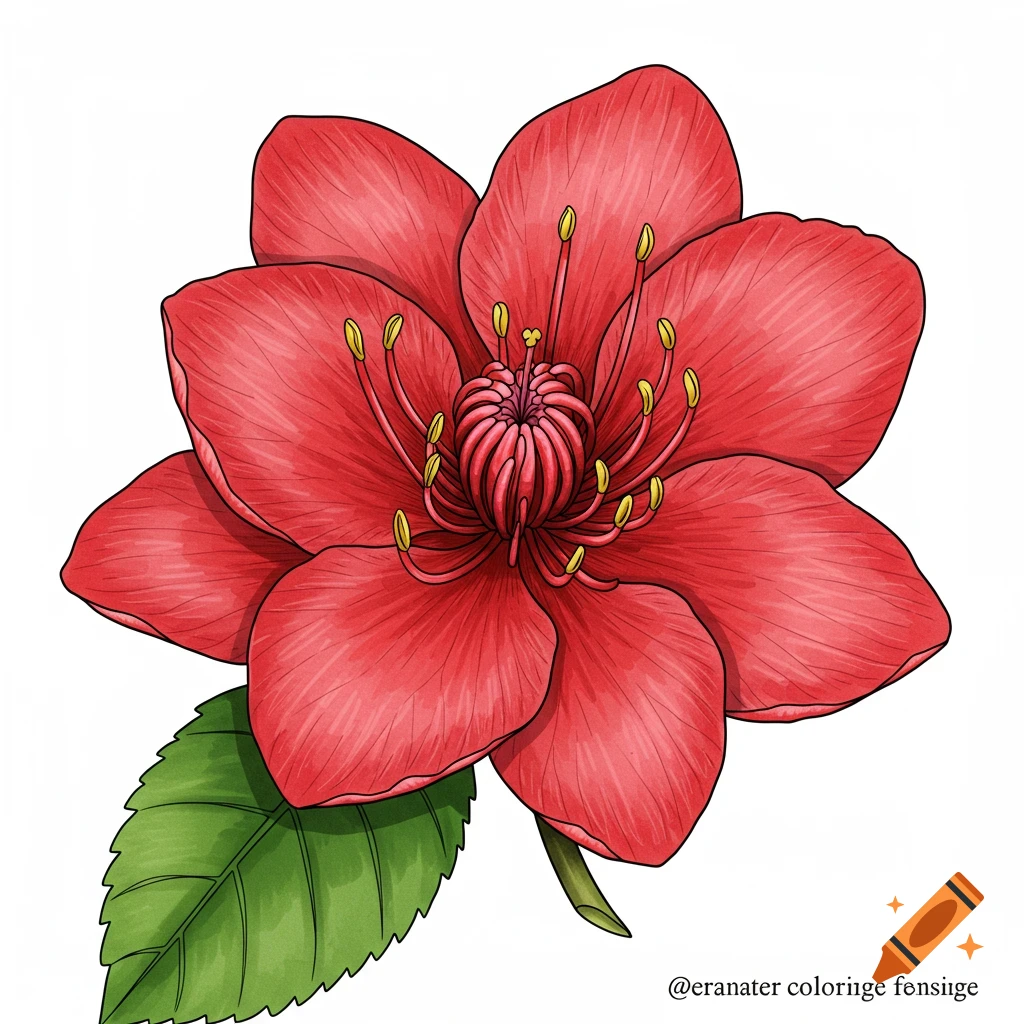 Illustration of a red flower with yellow stamens and a green leaf on a white background.
