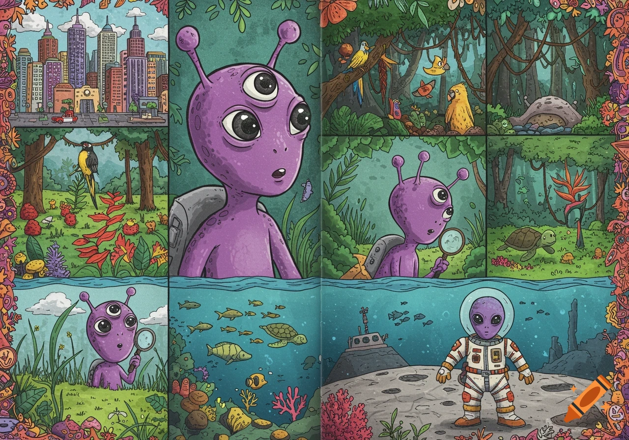 A purple alien with three eyes explores different environments including a city, jungle, underwater, and the moon, in a children's book style drawing.