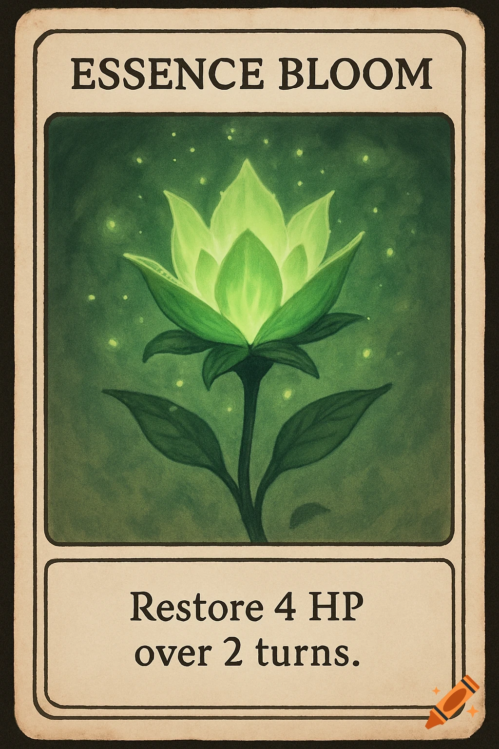 A fantasy card features a glowing green flower and game text.