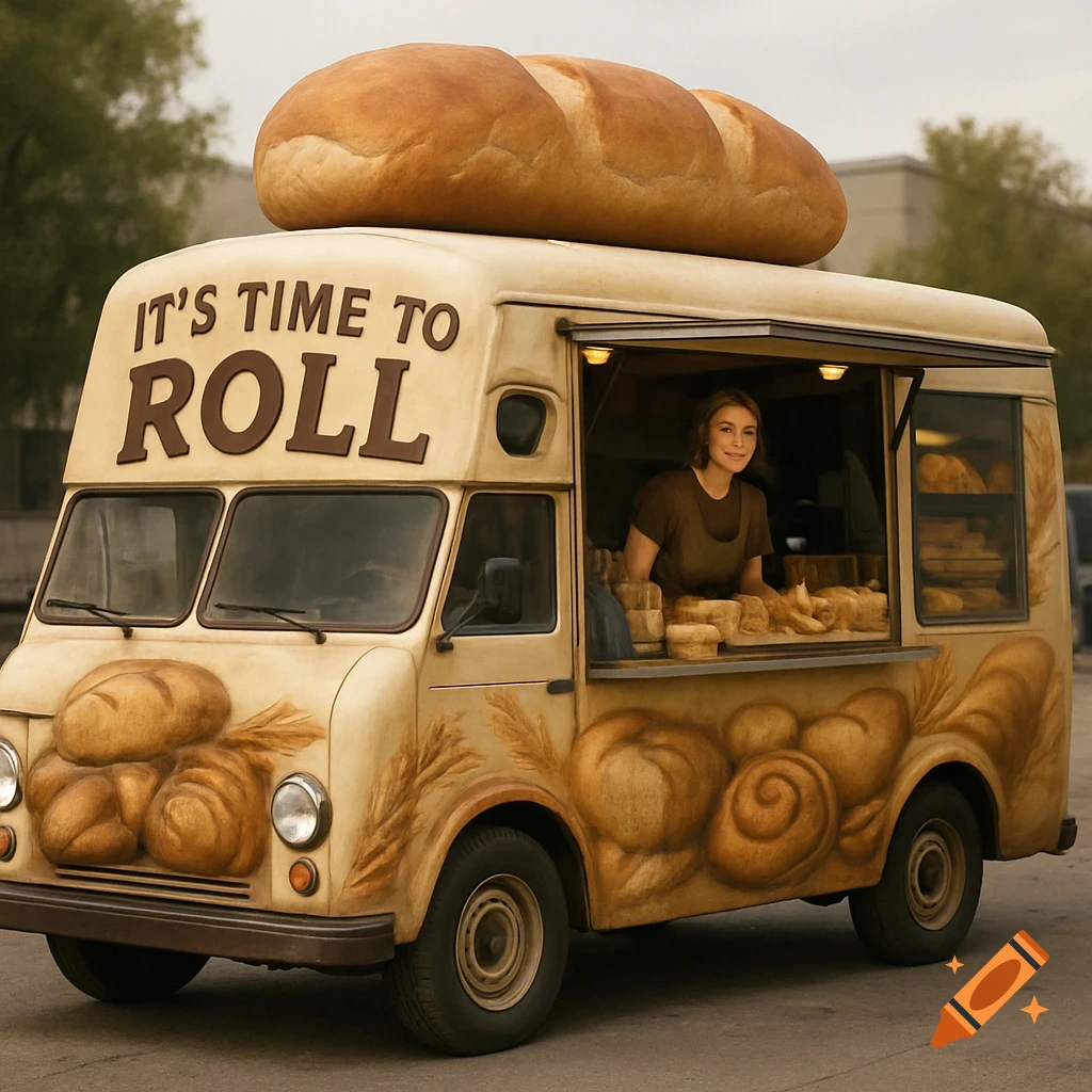 Realistic image of a bread-themed food truck with 'It's Time to ROLL' text and a woman serving customers.