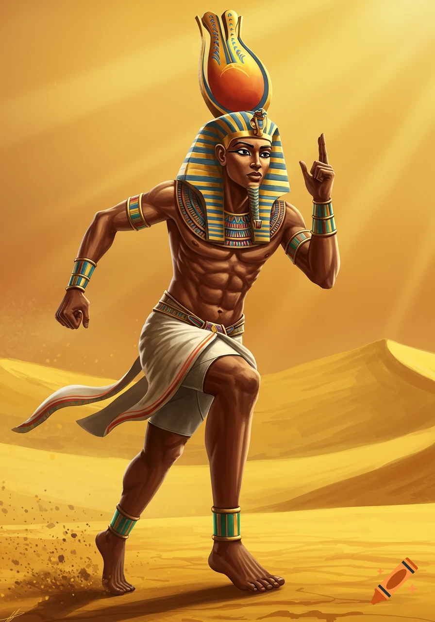 Muscular Egyptian pharaoh running in a sunny desert, digital painting.