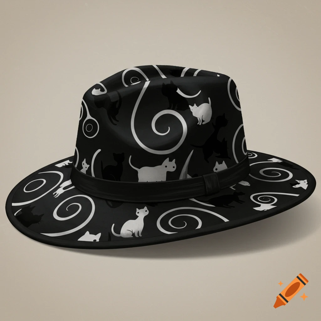 Black fedora hat with a pattern of black and white cats and white swirls.