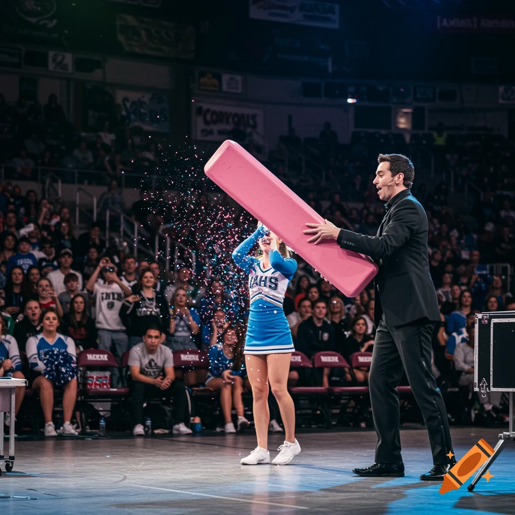 Magician and cheerleader on stage with pink confetti exploding, audience in background, photorealistic.
