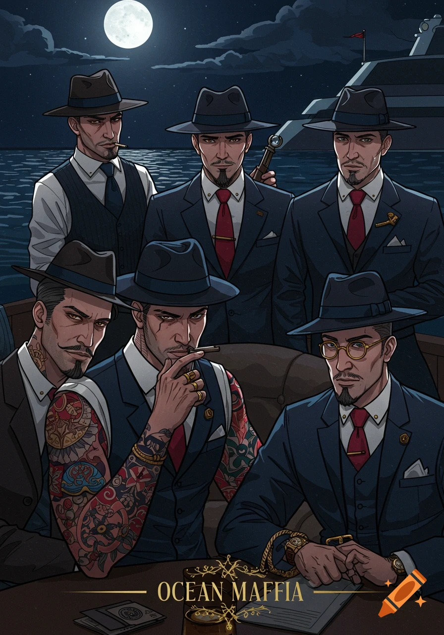 Stylized illustration of a group of men in suits and fedora hats sitting at a table by the ocean under a full moon.