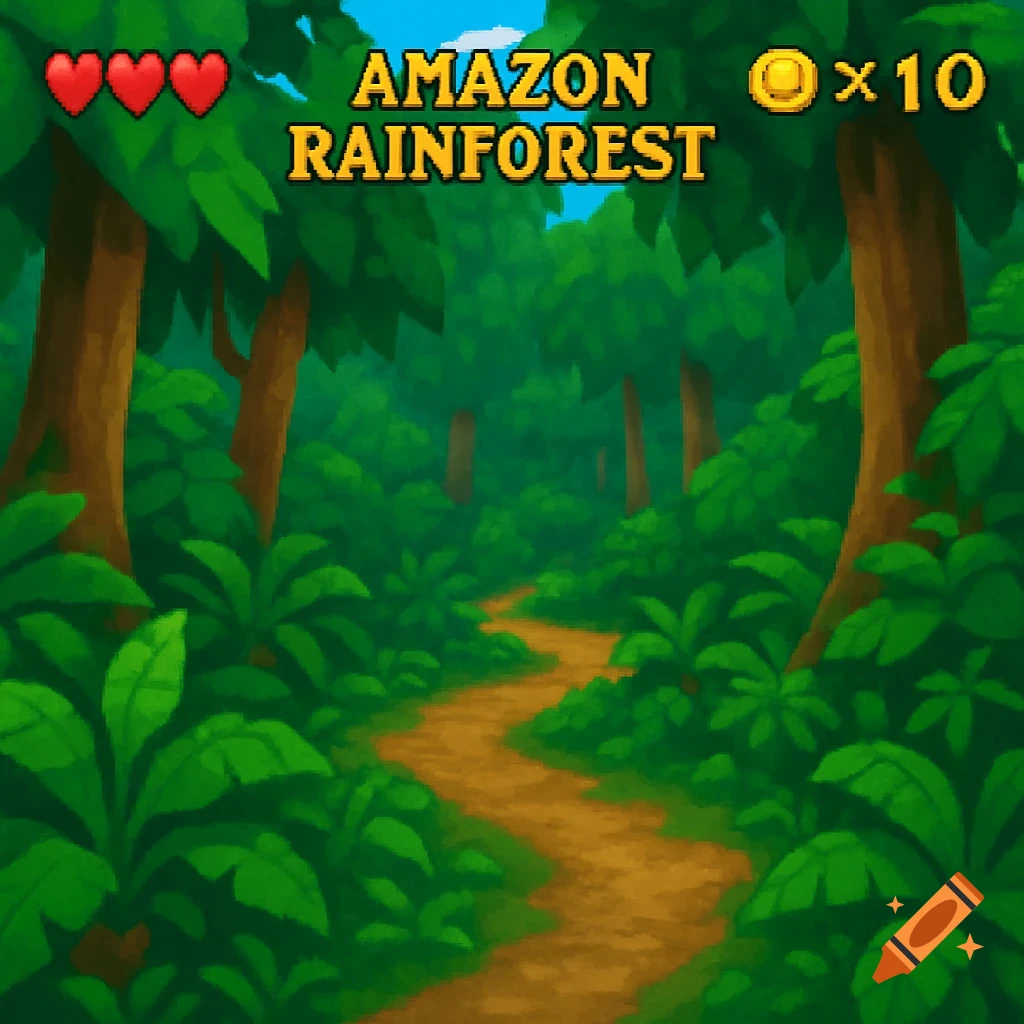 Stylized rainforest path with trees and plants, featuring video game UI with hearts, 'AMAZON RAINFOREST' text, and coin count.