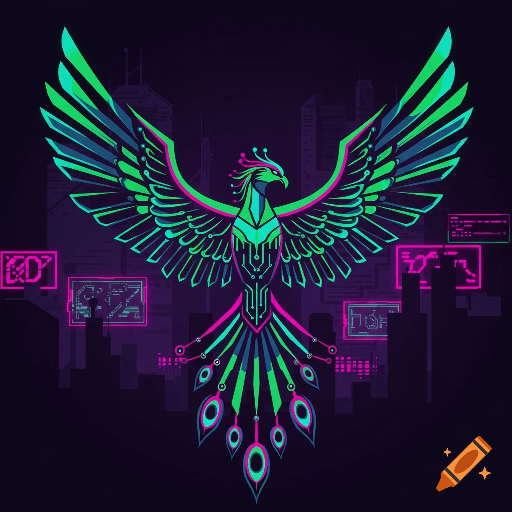 Cyberpunk phoenix in neon green and pink over a futuristic city skyline.