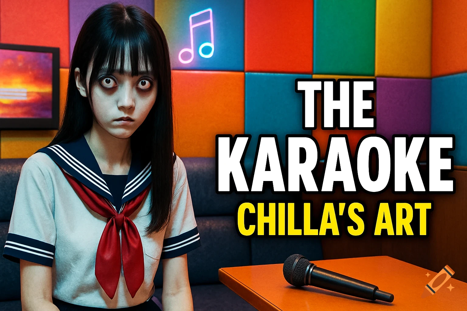 A spooky Japanese schoolgirl with large white eyes in a karaoke room. Text overlay reads 'The Karaoke Chilla's Art'.