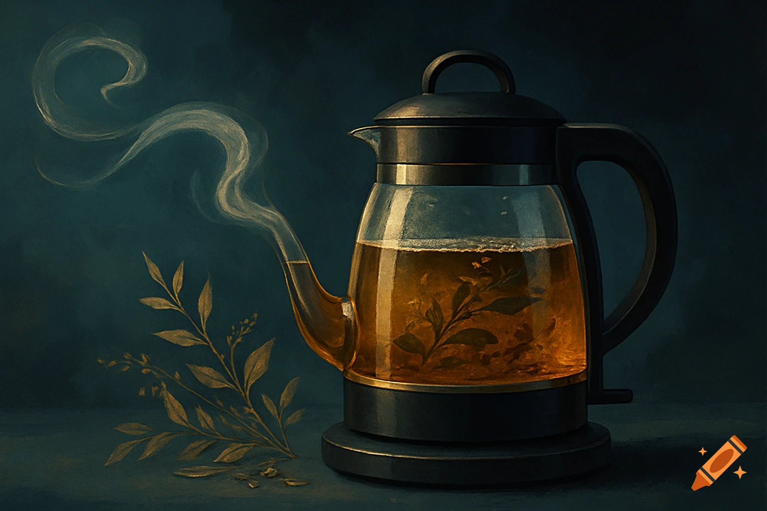 A painterly close-up of a steaming glass and black electric tea maker with golden leaves beside it.