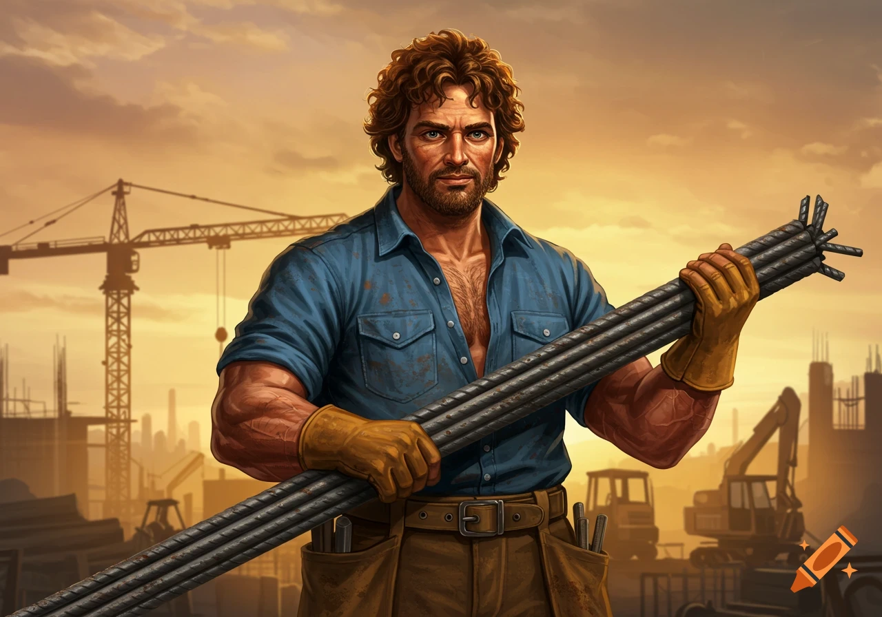 A muscular construction worker holds a bundle of rebar at a site with cranes in the background, illustration style.