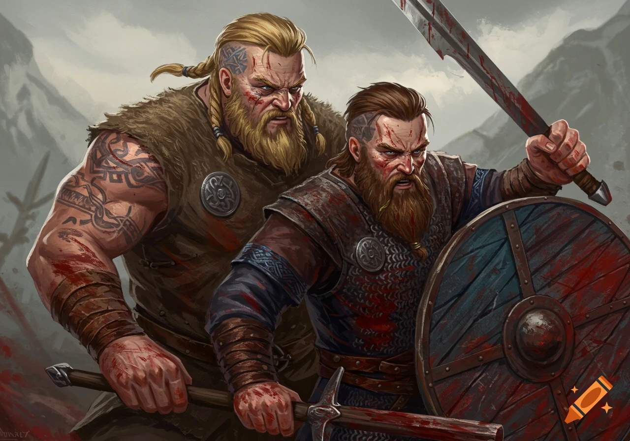 Two blood-covered Viking warriors with swords and shields in a detailed illustration.
