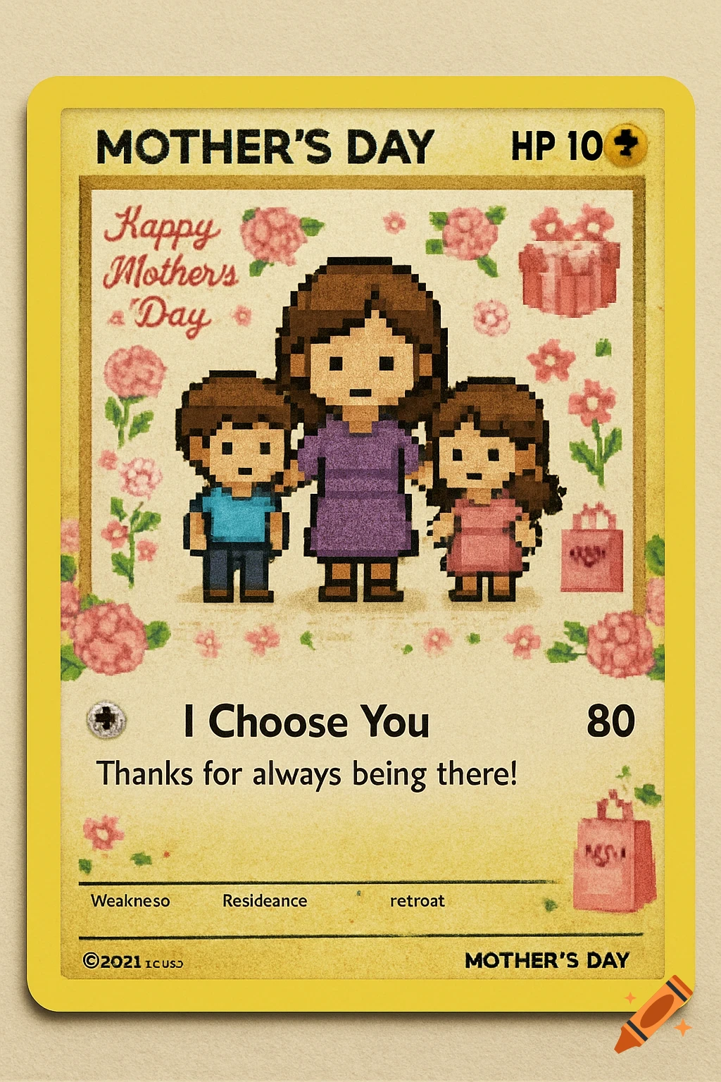Pixel art Mother's Day custom Pokemon card featuring a mother, son, and daughter with flowers and text. on Craiyon Pixel art Mother's Day custom Pokemon card featuring a mother, son, and daughter with flowers and text. on Craiyon