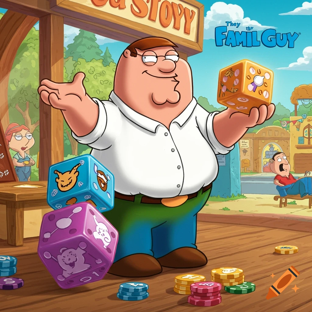 Peter Griffin holds large dice in a Family Guy style cartoon scene.