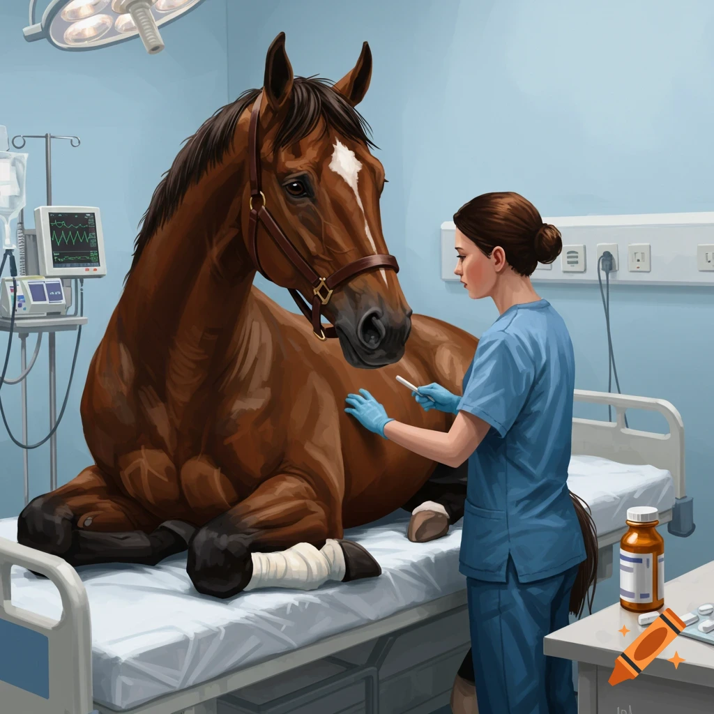 A person in scrubs tends to a horse lying on a bed in a medical room.