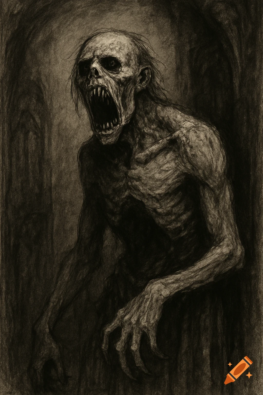 Charcoal drawing of a gaunt, screaming monster with sharp teeth.