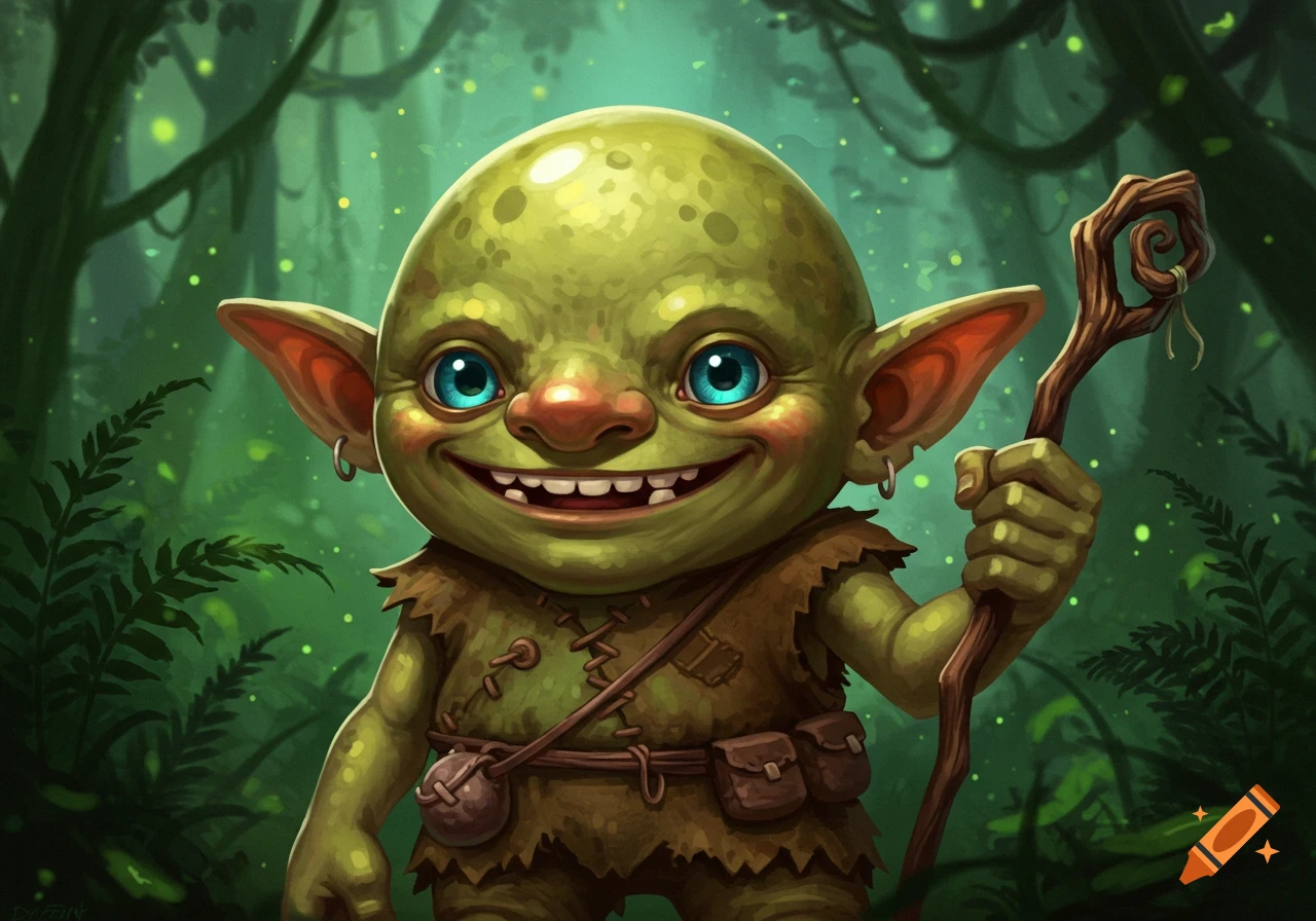 A cute goblin with blue eyes holds a staff in a forest.