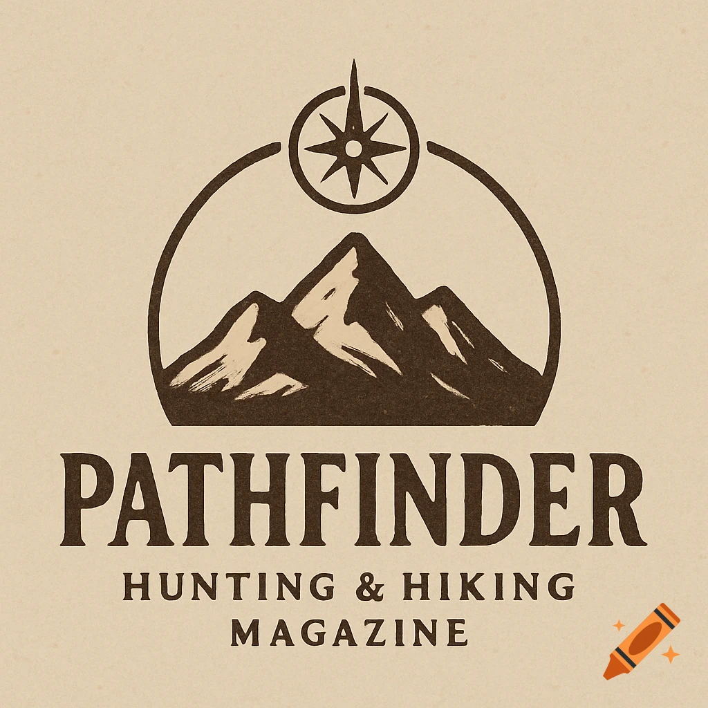 Minimalist logo for Pathfinder Hunting & Hiking Magazine with mountain and compass design.