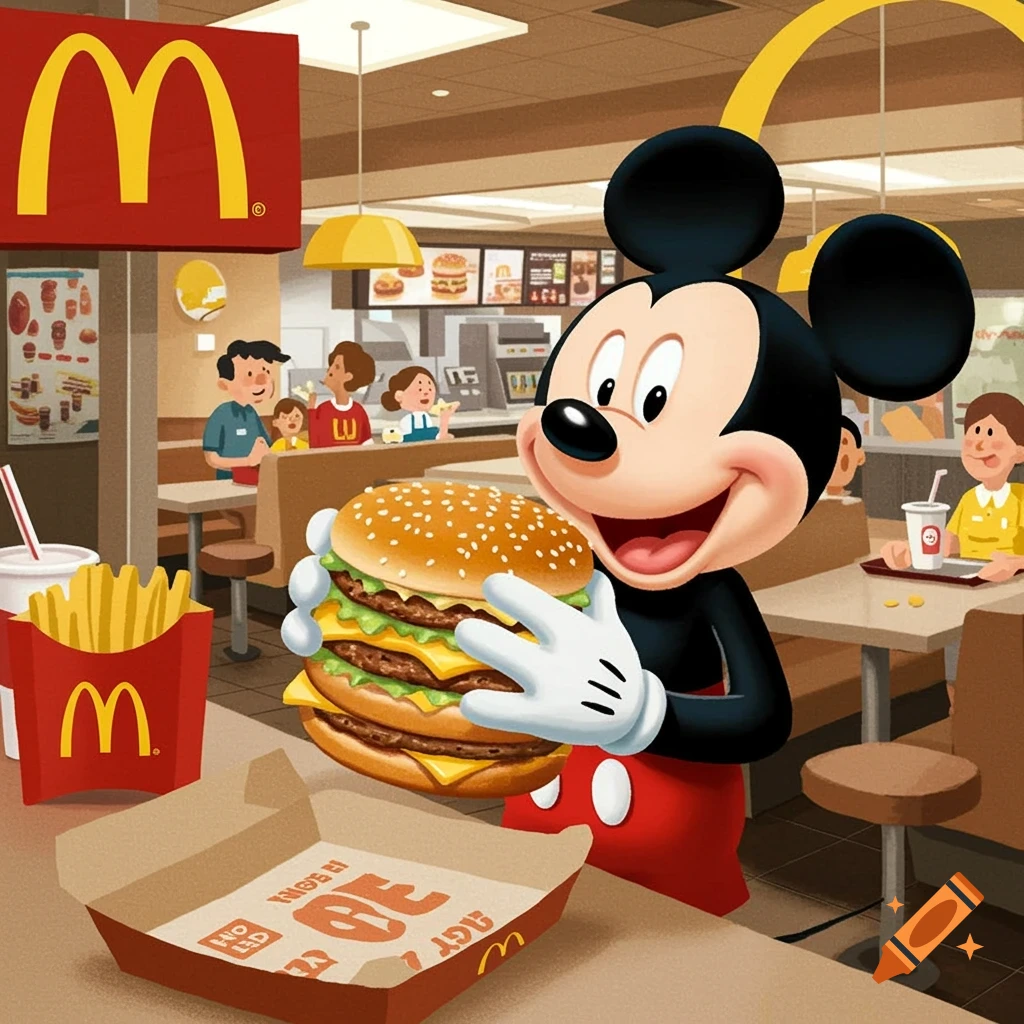 Mickey Mouse holds a large burger in a McDonald's restaurant.