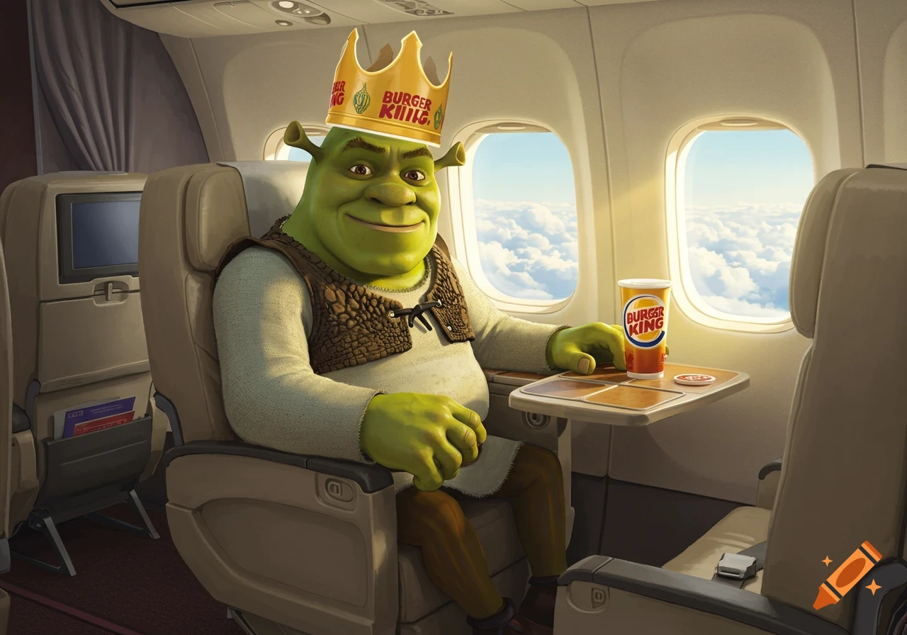 Shrek sits on an airplane wearing a Burger King crown and holding a Burger King cup.