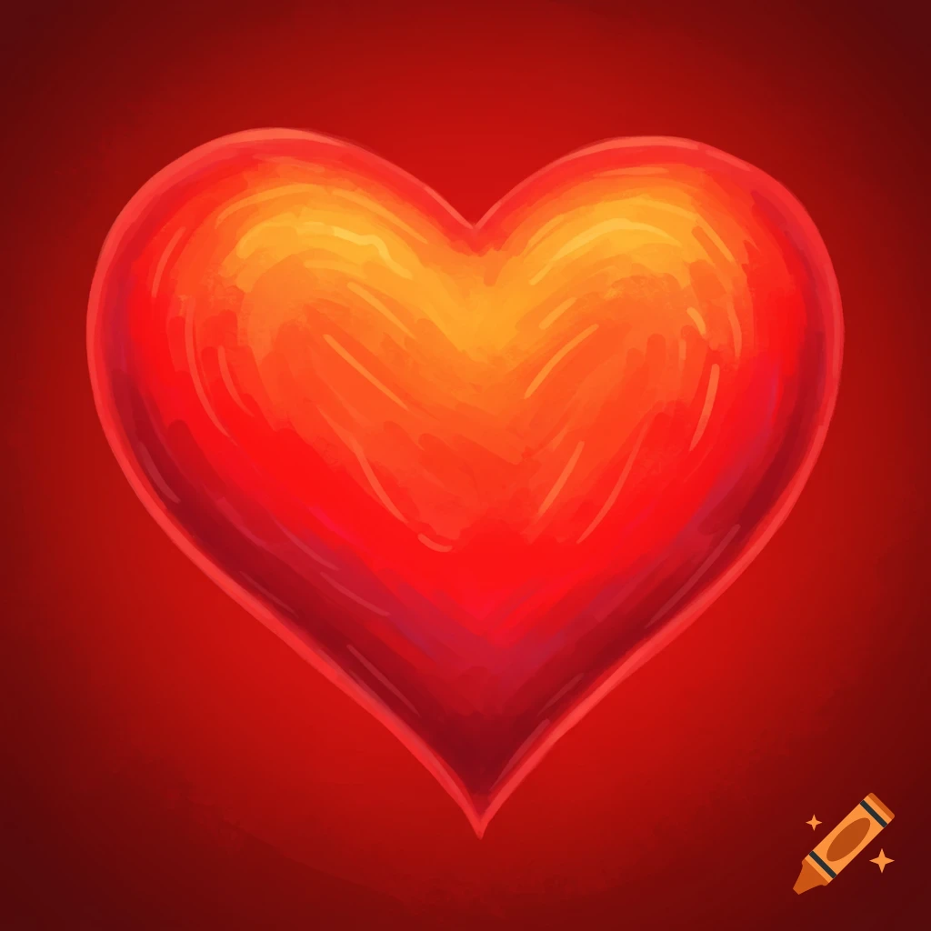 A stylized painted heart glowing red and yellow against a red background.