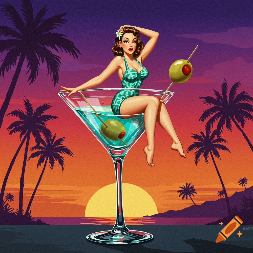Pin-up woman in swimsuit sits in a giant martini glass with olives against a tropical sunset illustration.