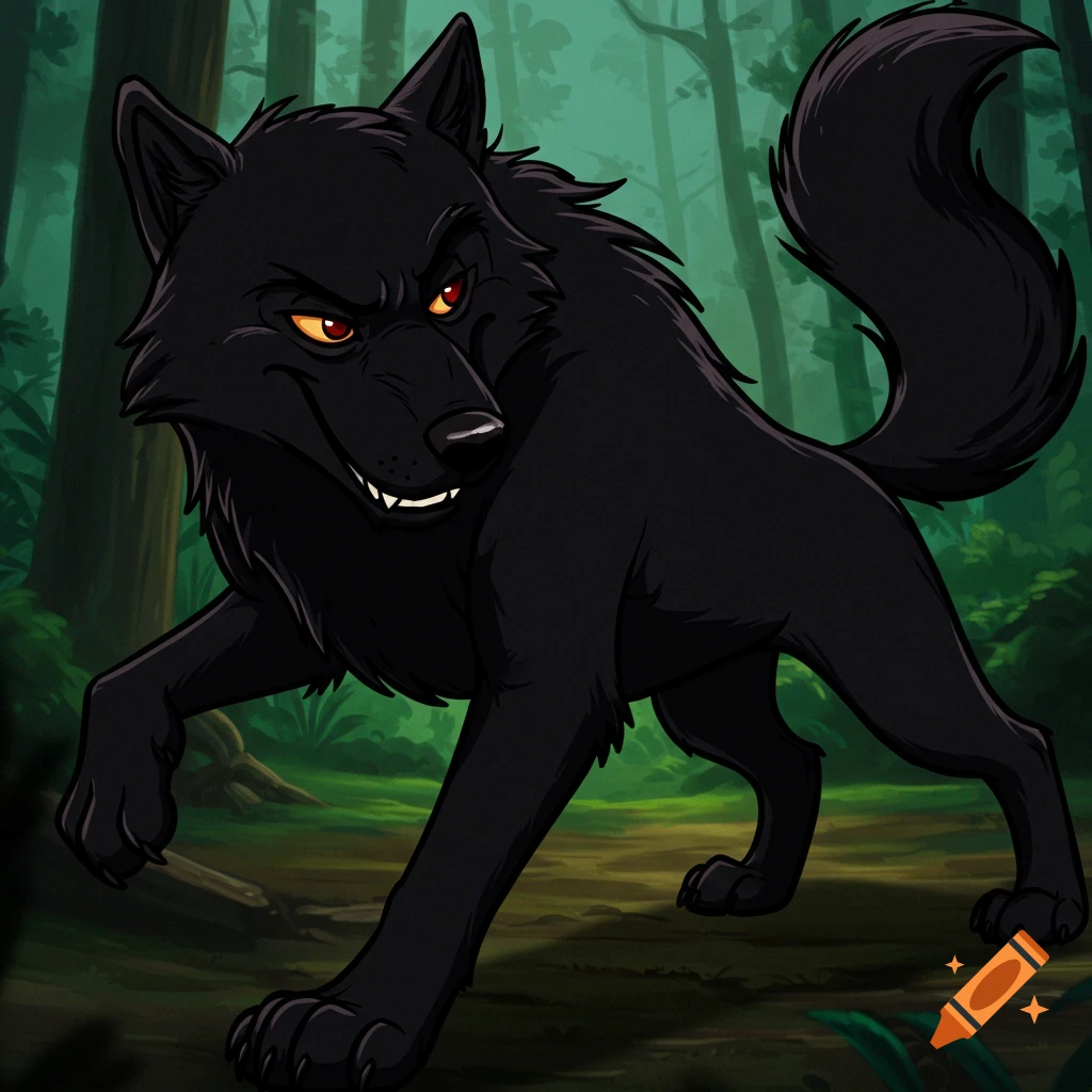 A cartoon black wolf with dark eyes walks through a forest.