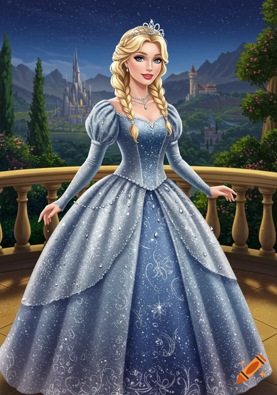 A blonde princess in a blue sparkling ball gown stands on a balcony overlooking a castle at night.