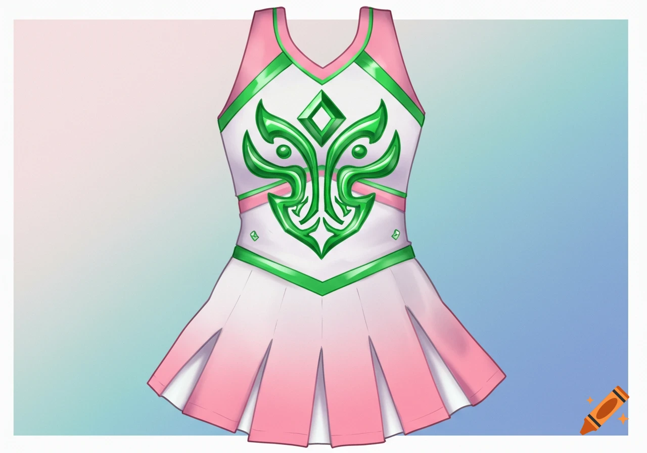 Illustration of a pink and white cheer uniform with a green central symbol.