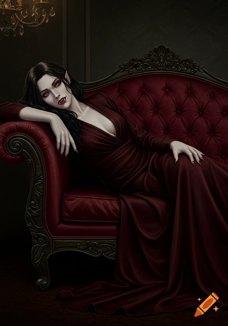 Digital illustration of a female vampire with red eyes and fangs reclining on a red tufted couch.