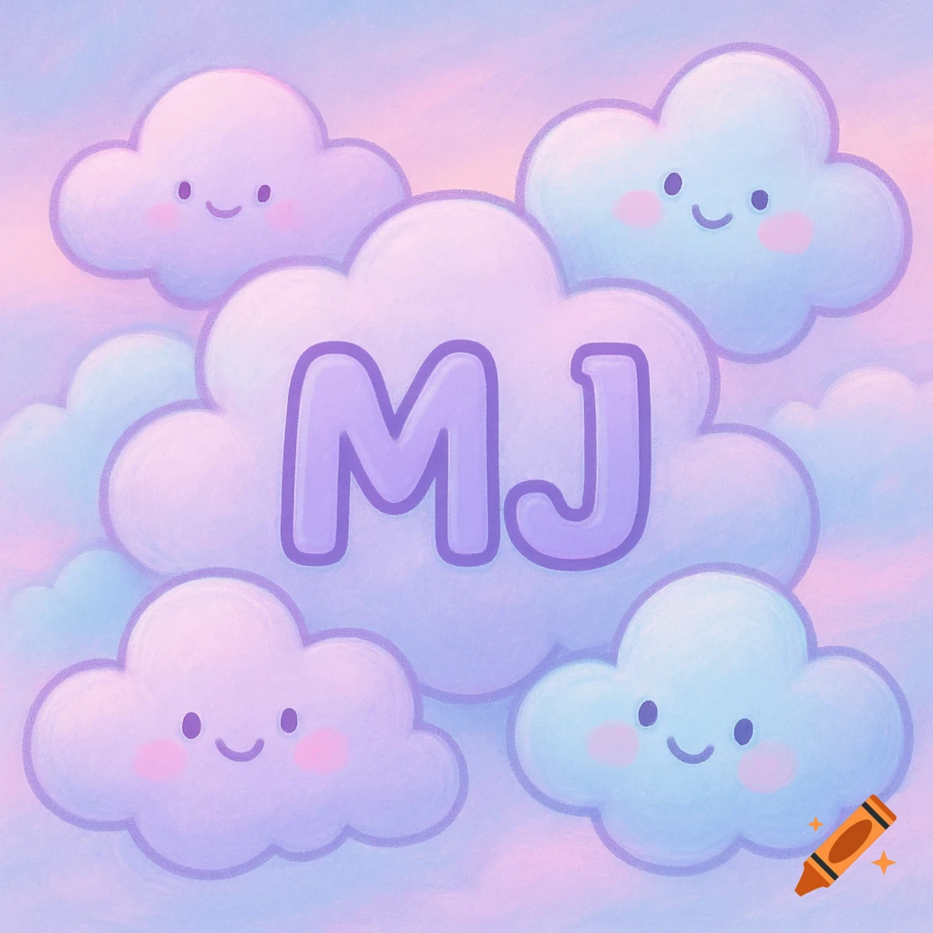 Cute cartoon clouds with faces and the letters MJ on a pastel background.