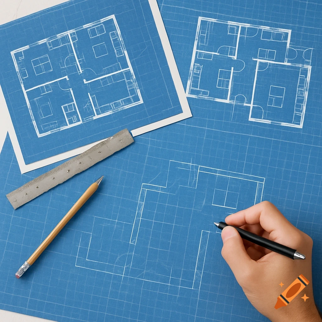 Hand drawing on blue architectural blueprints with pencil and ruler.