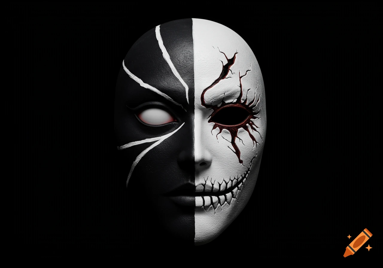 A black and white mask split down the middle, one side solid black with a white eye, the other white and cracked with a jagged smile and damaged eye.