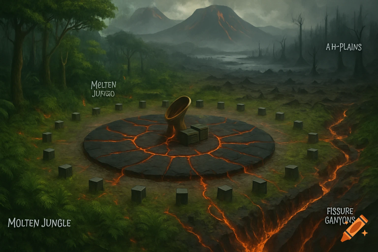 A top-down view of a volcanic jungle landscape with a central arena on cracked ground, surrounded by pedestals. Labeled zones.