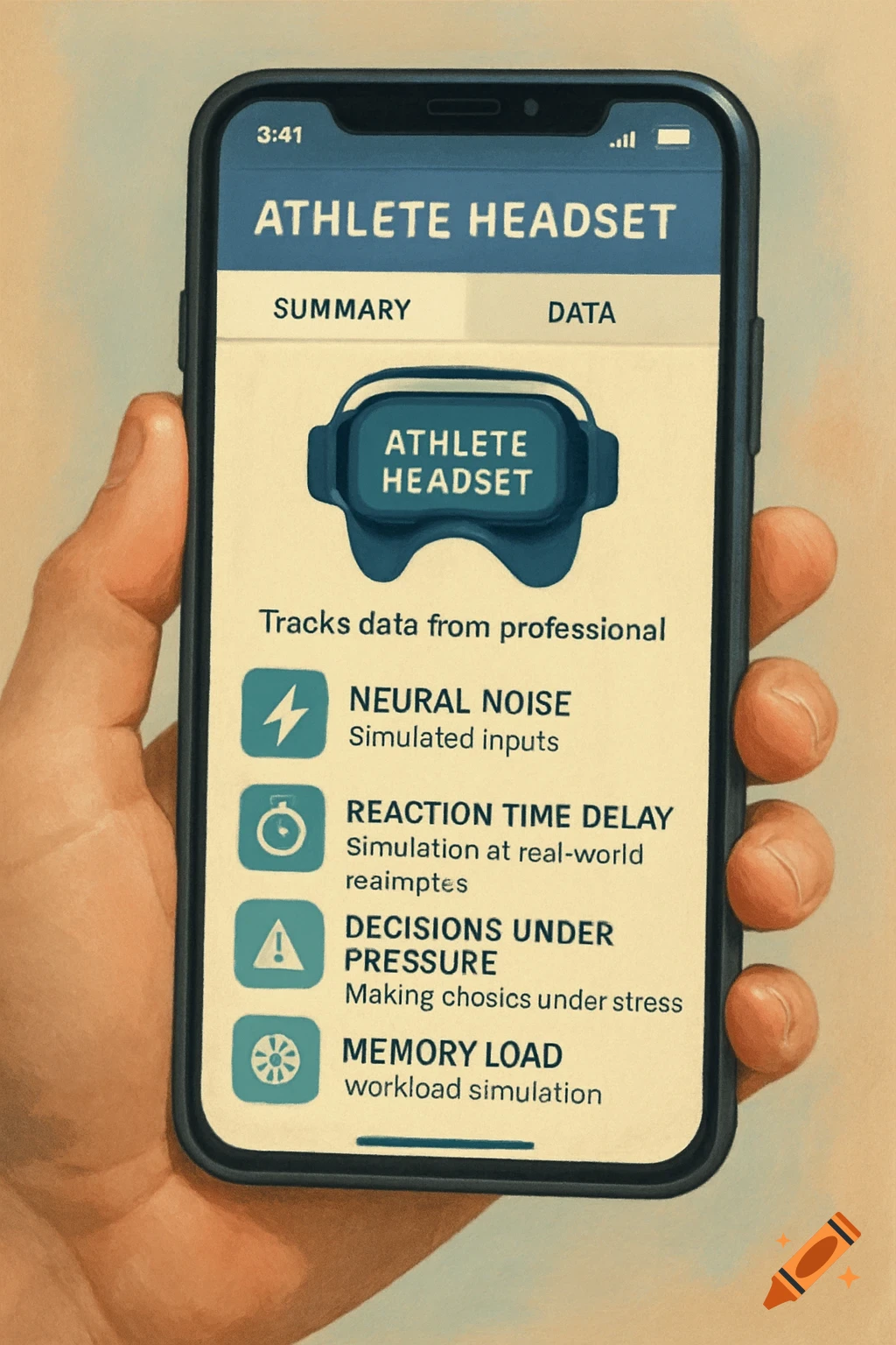 A hand holds a smartphone displaying an app called "Athlete Headset" with performance data.
