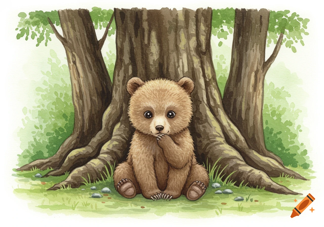 A watercolor illustration of a cute bear cub sitting under large trees, looking curious.