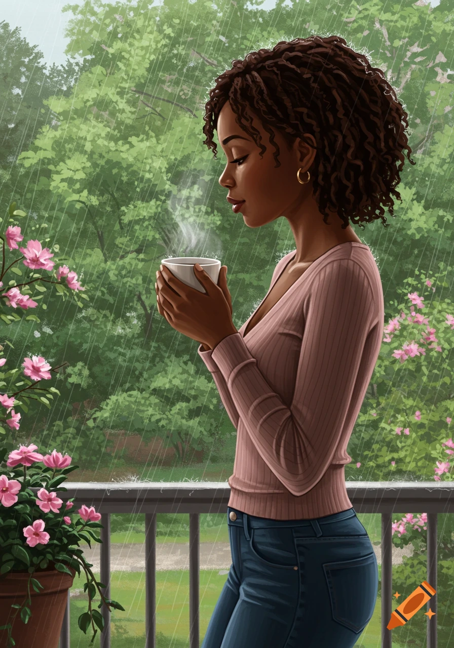 An illustration of a woman on a balcony in the rain, holding a steaming mug. Pink flowers and trees are visible in the background.