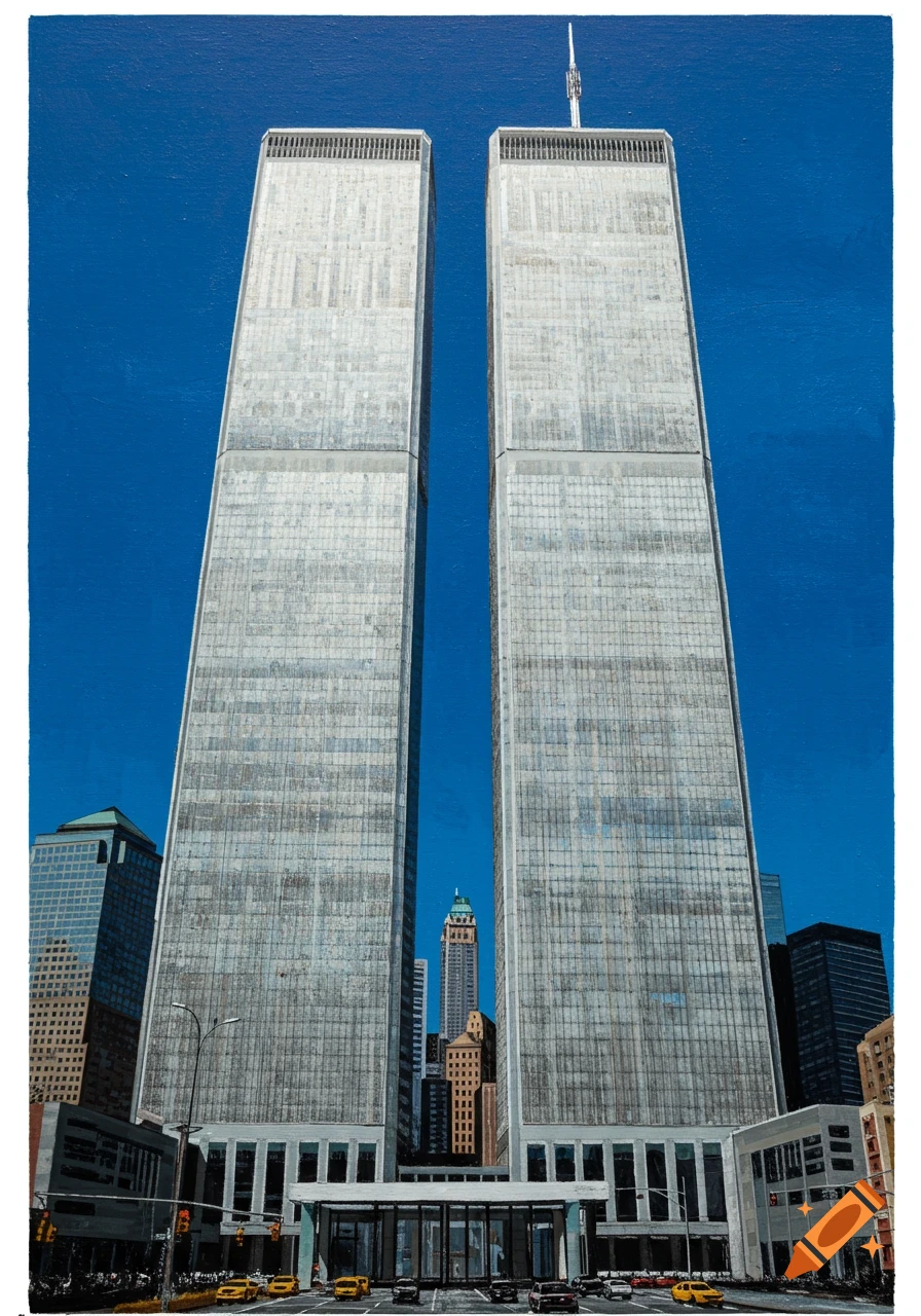 The Twin Towers standing tall from a street level view in New York City.