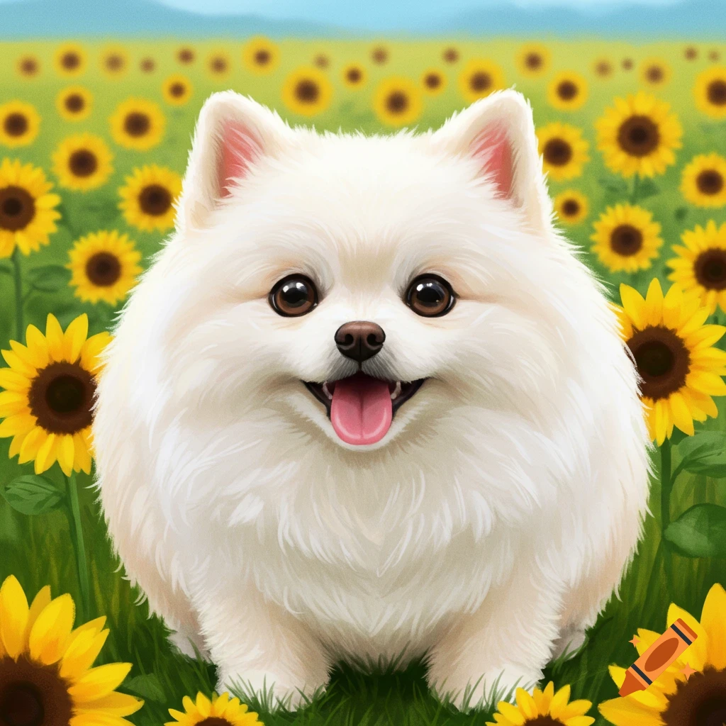 A fluffy white Pomeranian dog sits happily in a field of bright yellow sunflowers.