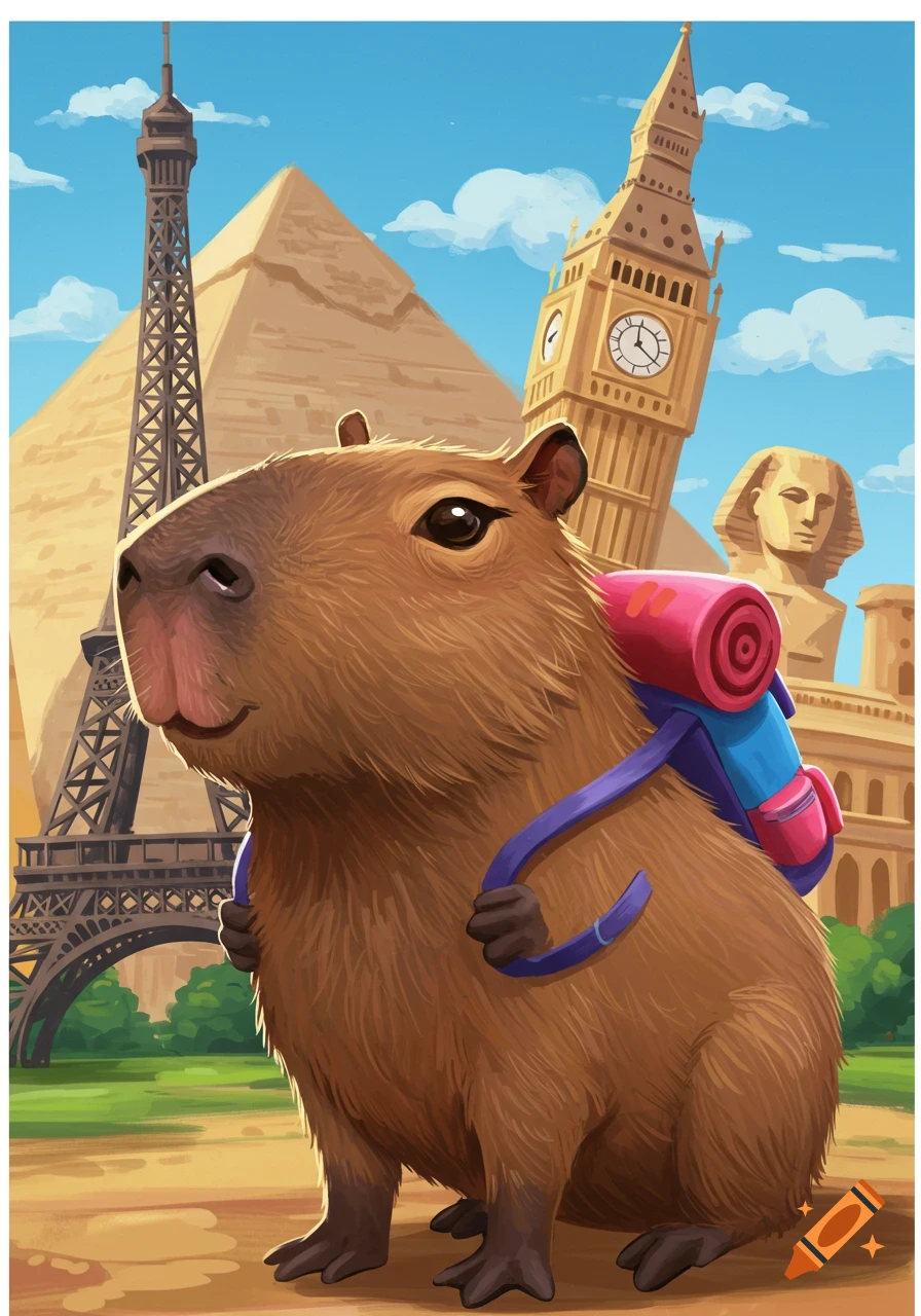 Cartoon capybara with backpack in front of the Eiffel Tower, Great Pyramid, Big Ben, and Sphinx.