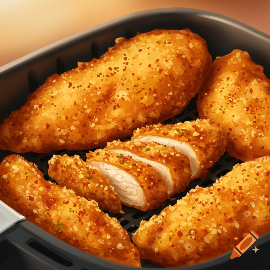 Rendered illustration of air fryer chicken pieces in a basket
