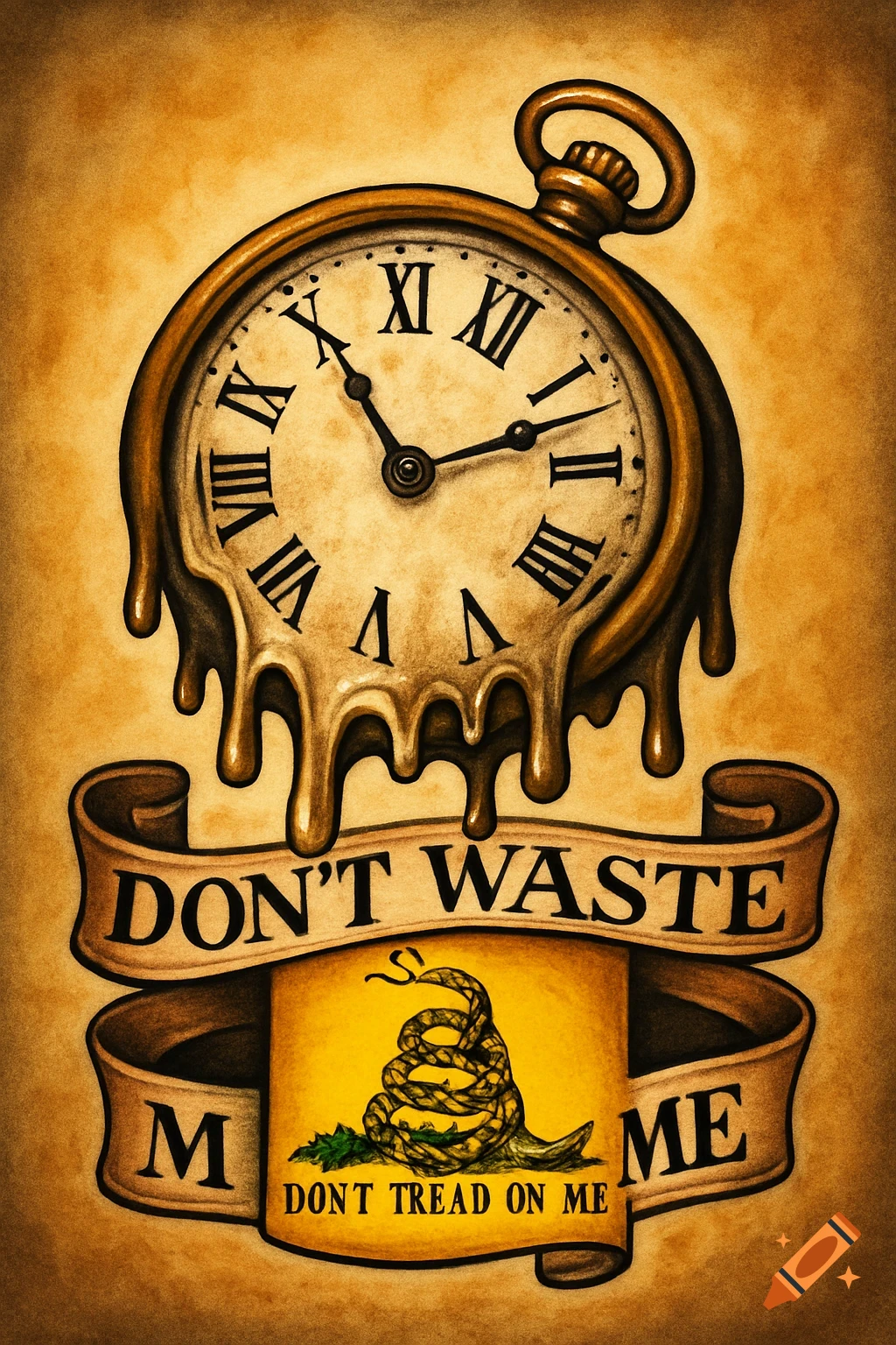 Tattoo style melting pocket watch over a banner with text and Gadsden flag snake emblem.