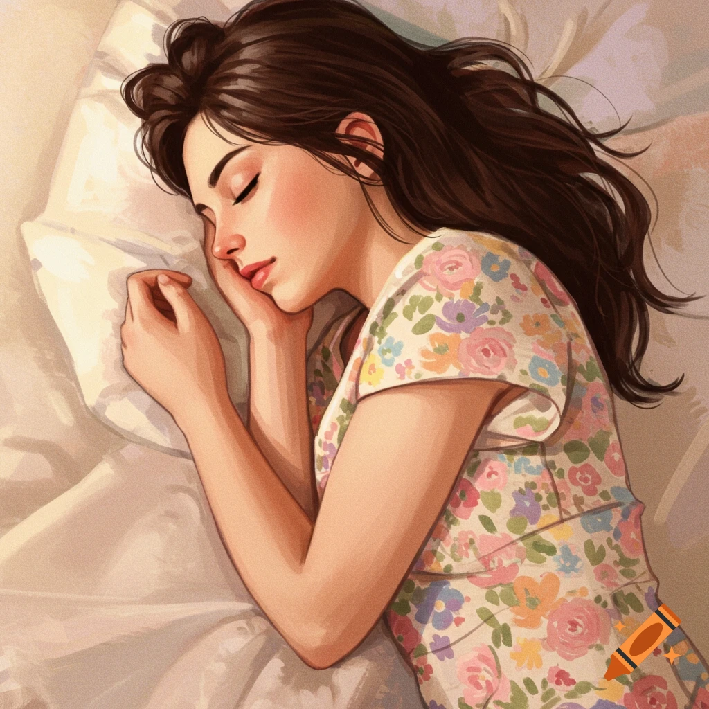 A woman sleeping in a bed wearing a floral dress, illustration style.