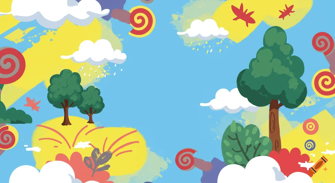 A colorful cartoony background with trees, clouds, and abstract shapes.