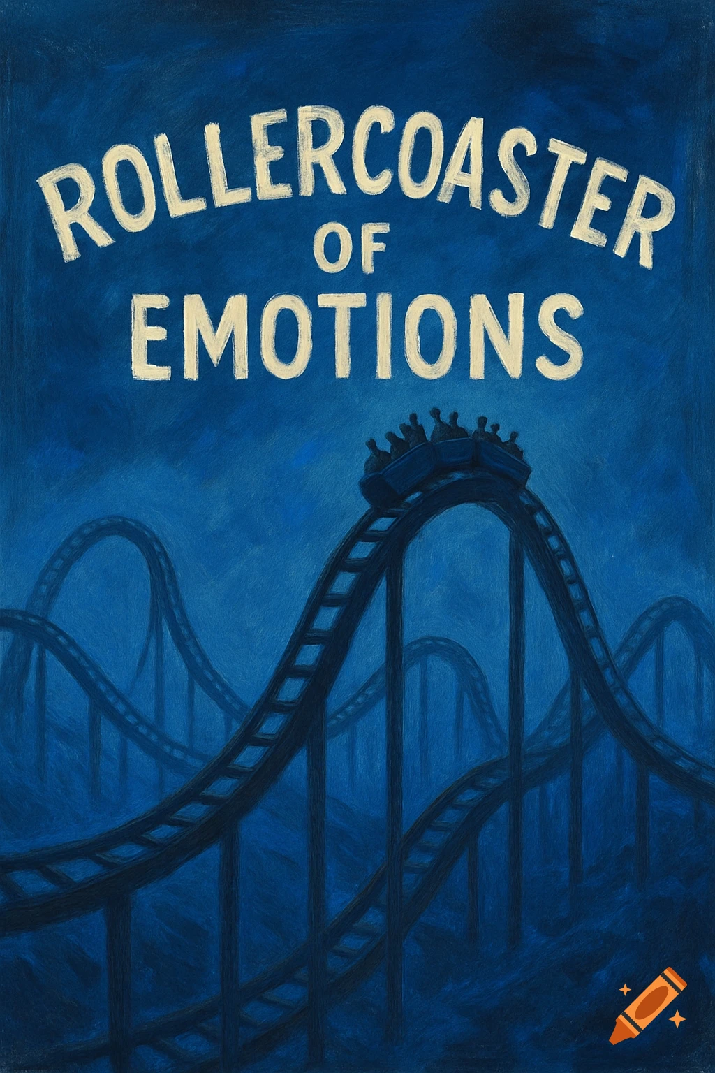 A dark blue illustration of a rollercoaster with riders, featuring the text 'ROLLERCOASTER OF EMOTIONS'.