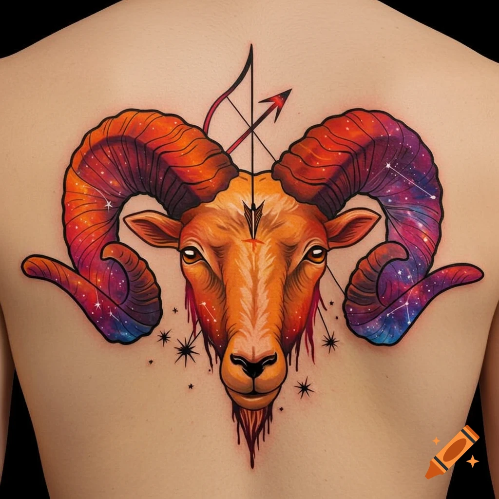 Colorful tattoo of a ram's head with cosmic horns and a bow and arrow, representing Aries and Sagittarius on a back.